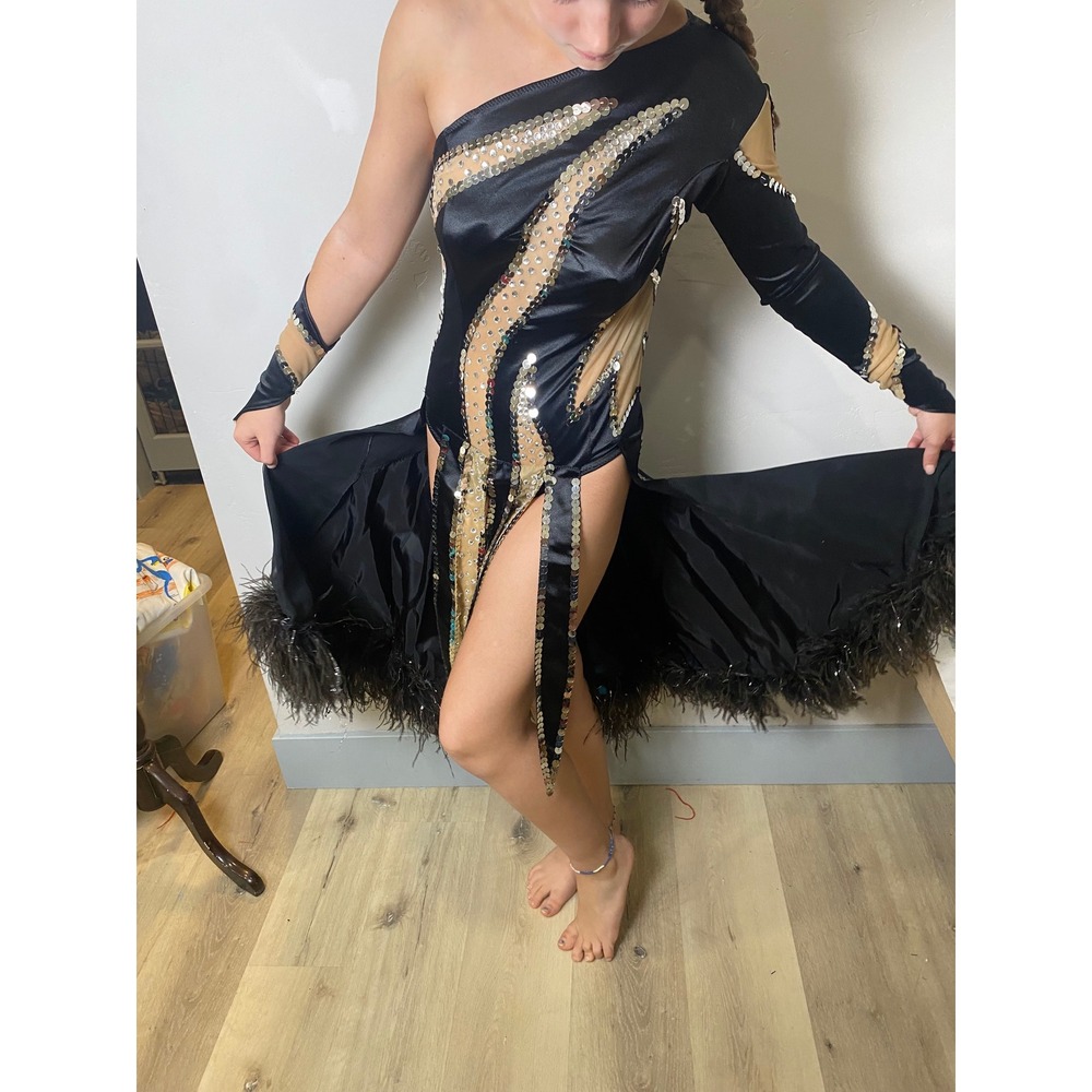 Vintage 60s Competition Figure Skating Dress Sequin Feather Black Vegas Showgirl - Picture 4 of 9